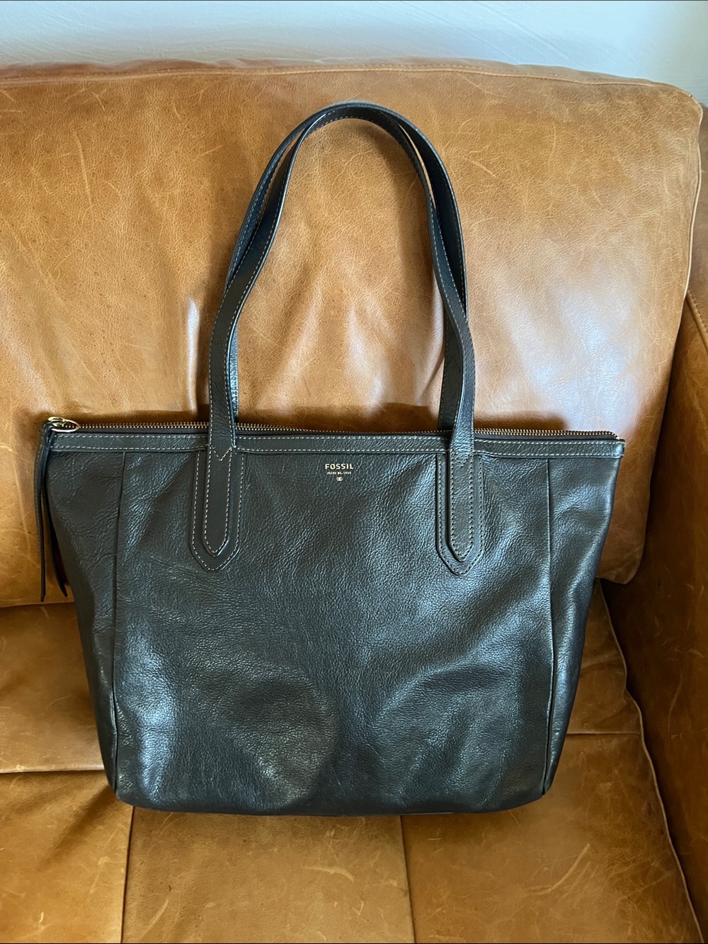 Fossil Sydney Black Leather Zip-Top Shopper Tote